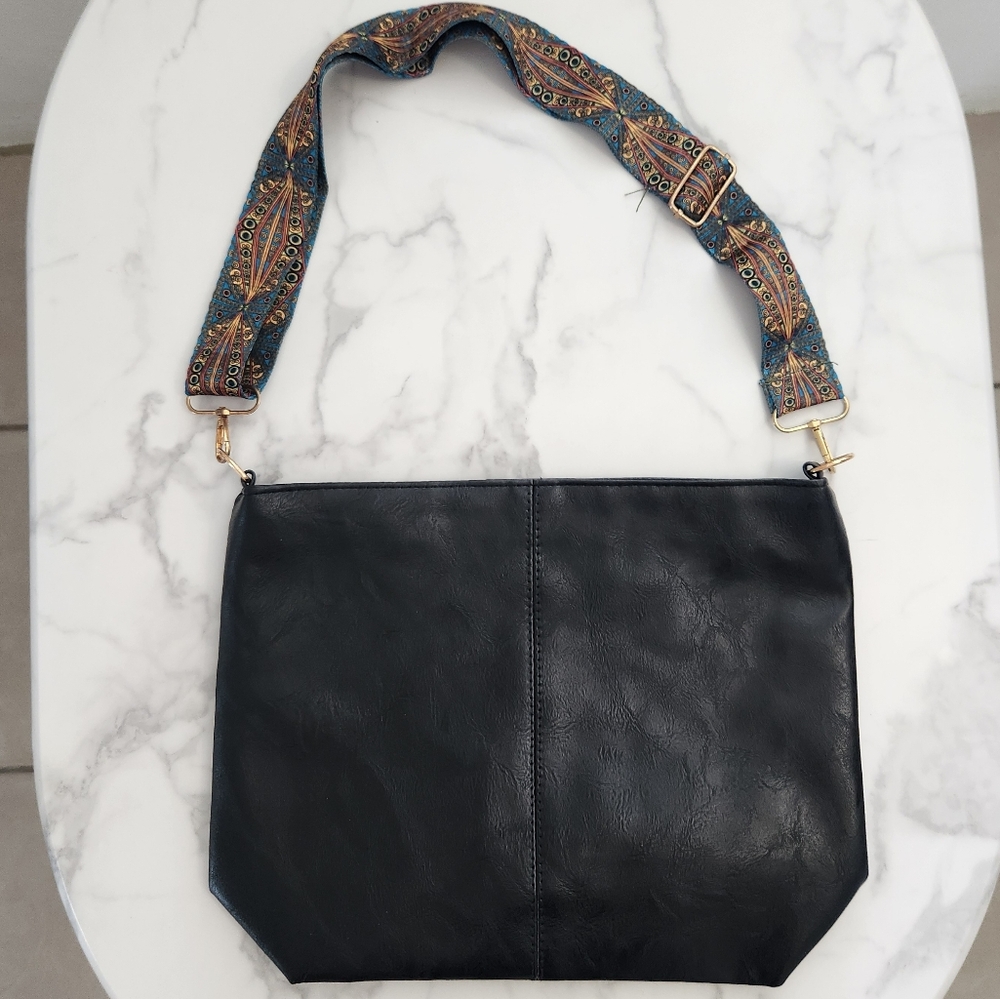 Unisex Black Pu Leather Tote Bag With Patterned Boho Strap - Picture 2 of 15